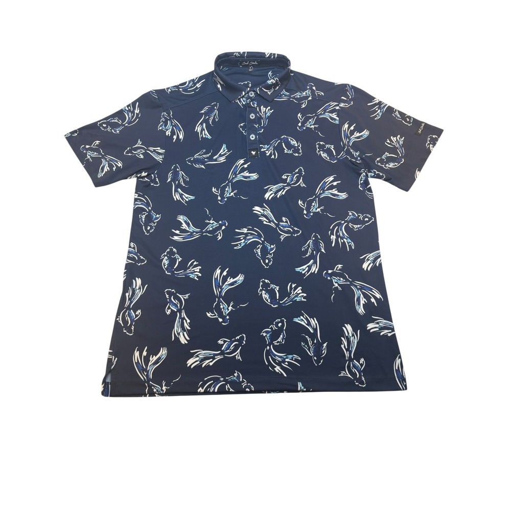 Bad Birdie Polo Shirt Medium Navy Blue Koi Fish Print Performance Golf Mens - Picture 3 of 8